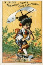 Celluloid Trade Card featuring a Japanese girl with an umbrella
